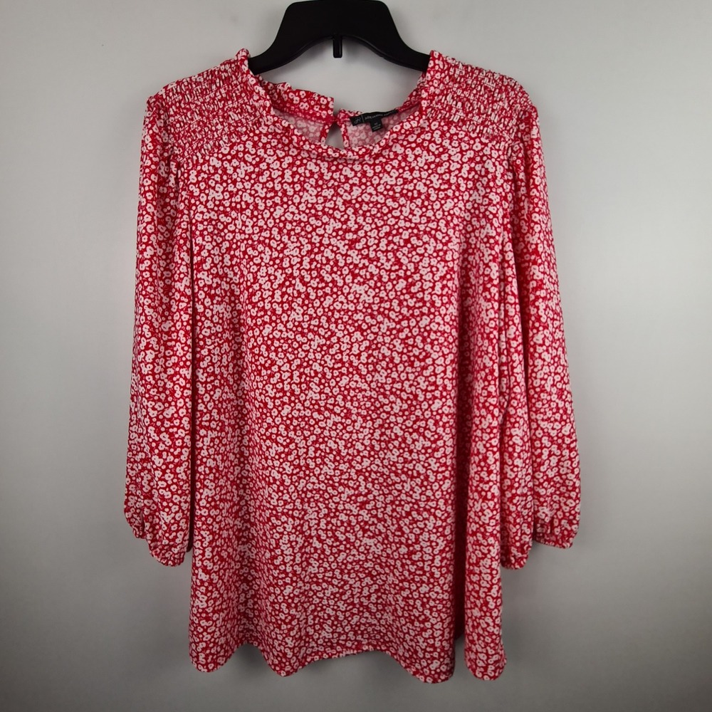 Adrianna Papell Womens 1X Red White Ditsy Floral Smocked Blouse Grandmacore